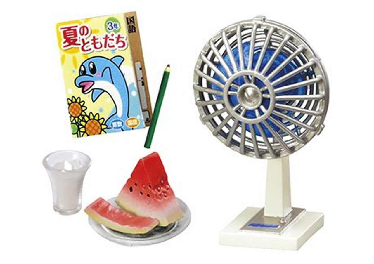 Small fan, watermelon slices with a glass of milk, and a children's book on a white background