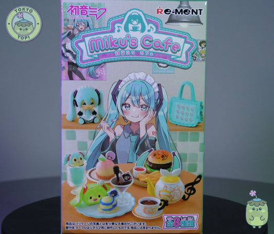 Miku's Cafe toy set packaging from re-ment with character and food items on a checkered background