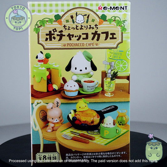 Re-ment Pochacco Cafe toy set packaging with cartoon characters around a table.