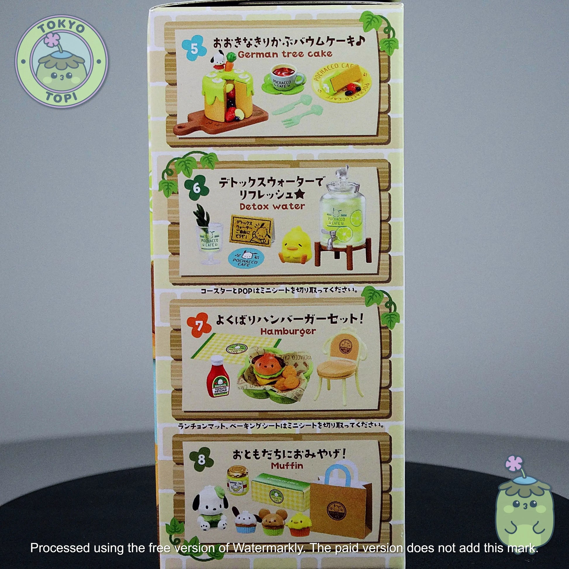 Re-ment Pochacco Cafe toy set packaging with cartoon characters around a table.