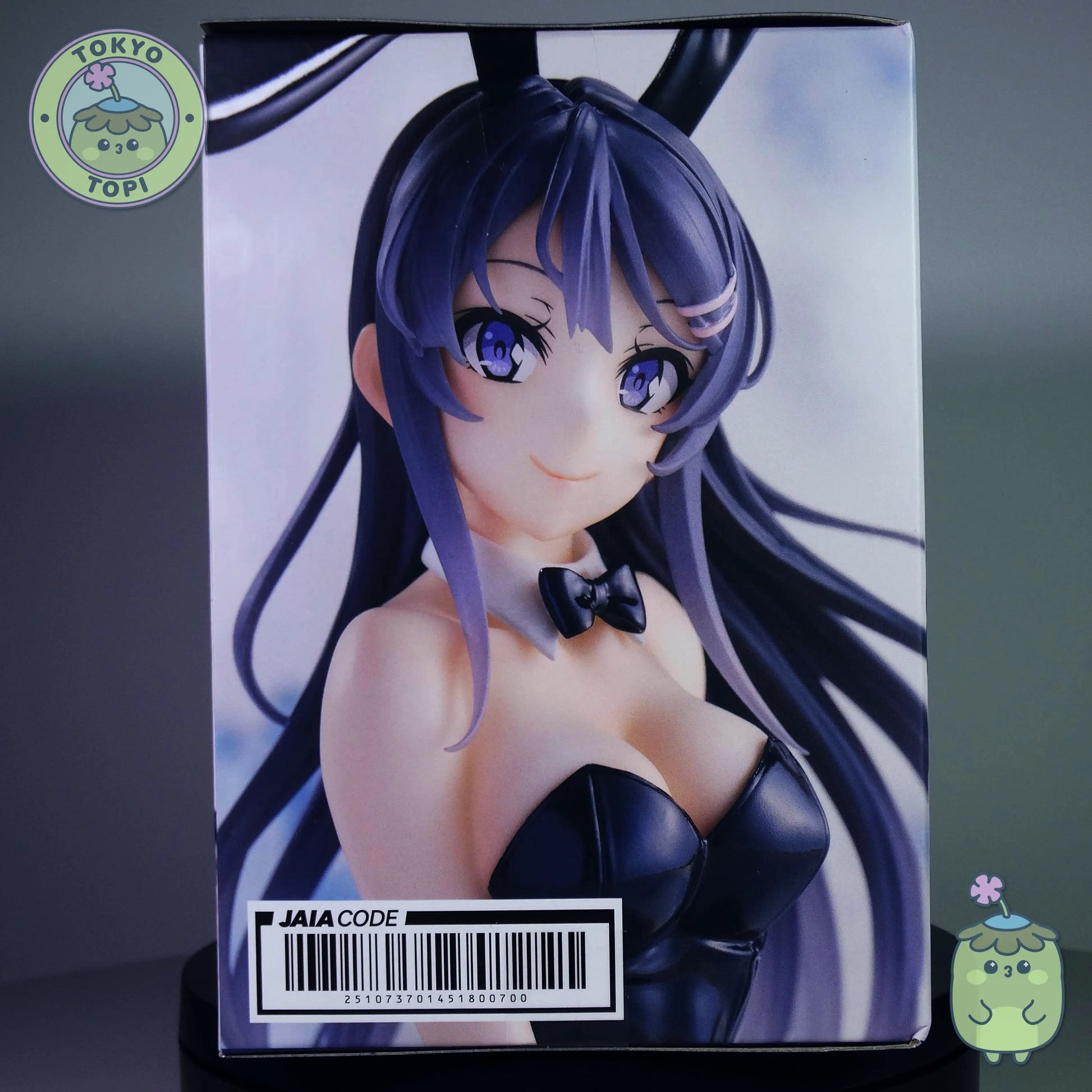 Box packaging of a figurine of bunny version girl from Rascal dose not dream of Bunny girl senpai. Black version. Fishnet tights and cute bowtie.